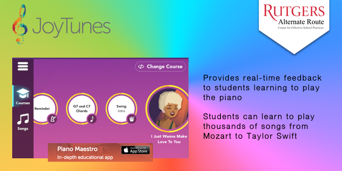 JoyTunes - Provides real-time feedback to students learning to play the piano. Students can learn to play thousands of songs from Mozart to Taylor Swift.