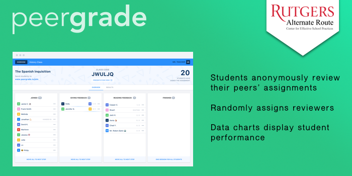 Peergrade - Students anonymously review their peers’ assignments. Randomly assigns reviewers. Data charts display student performance.