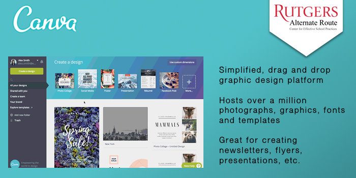 Canva - Simplified, drag and drop graphic design platform Hosts over a million photographs, graphics, fonts and templates. Great for creating newsletters, flyers, presentations, etc.