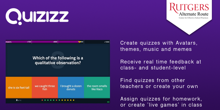 Quizizz - Create quizzes complete with Avatars, leaderboards, themes, music and memes. Receive real time feedback at class- and student-level. Find quizzes from other teachers or create your own. Assign quizzes as homework, or in class.