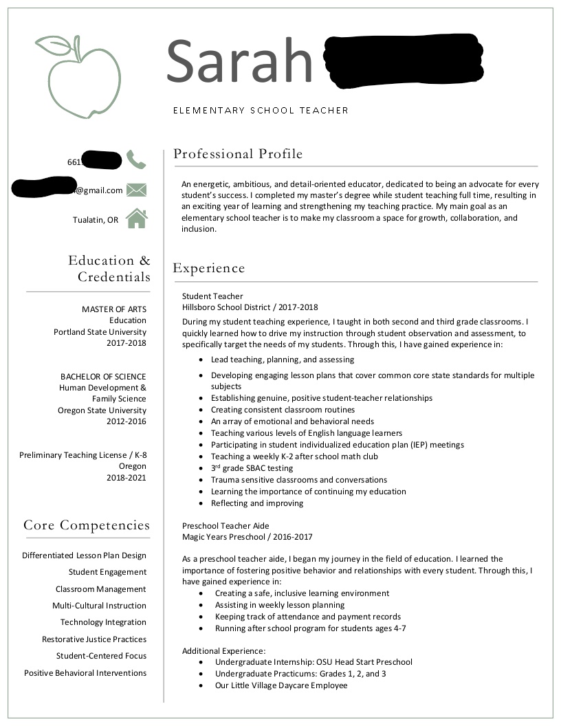 Example of strong resume from NJ novice teacher